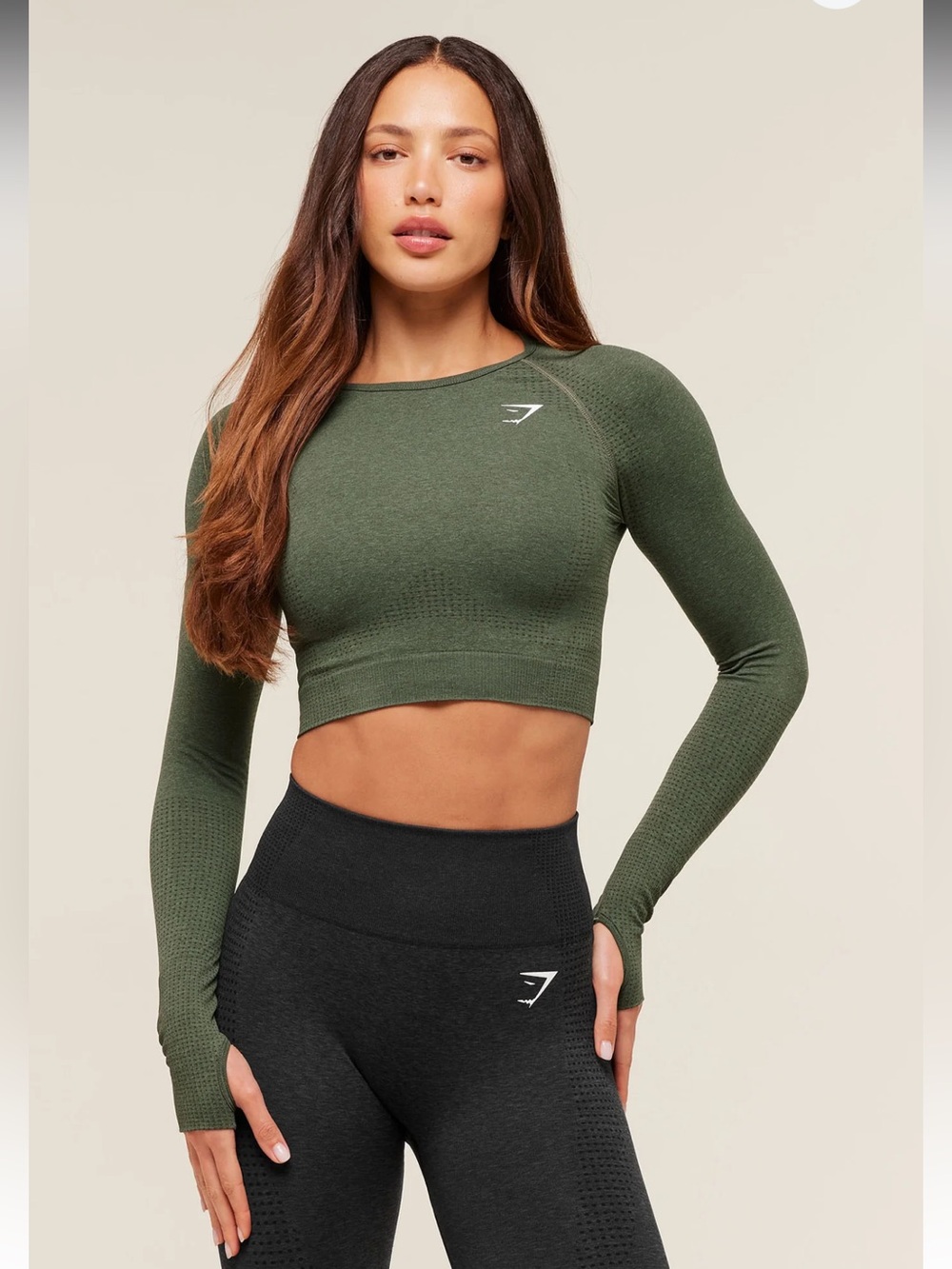 Gymshark Olive Green Vital Seamless 2.0 Long Sleeve Crop Top. Sporty. Activewear